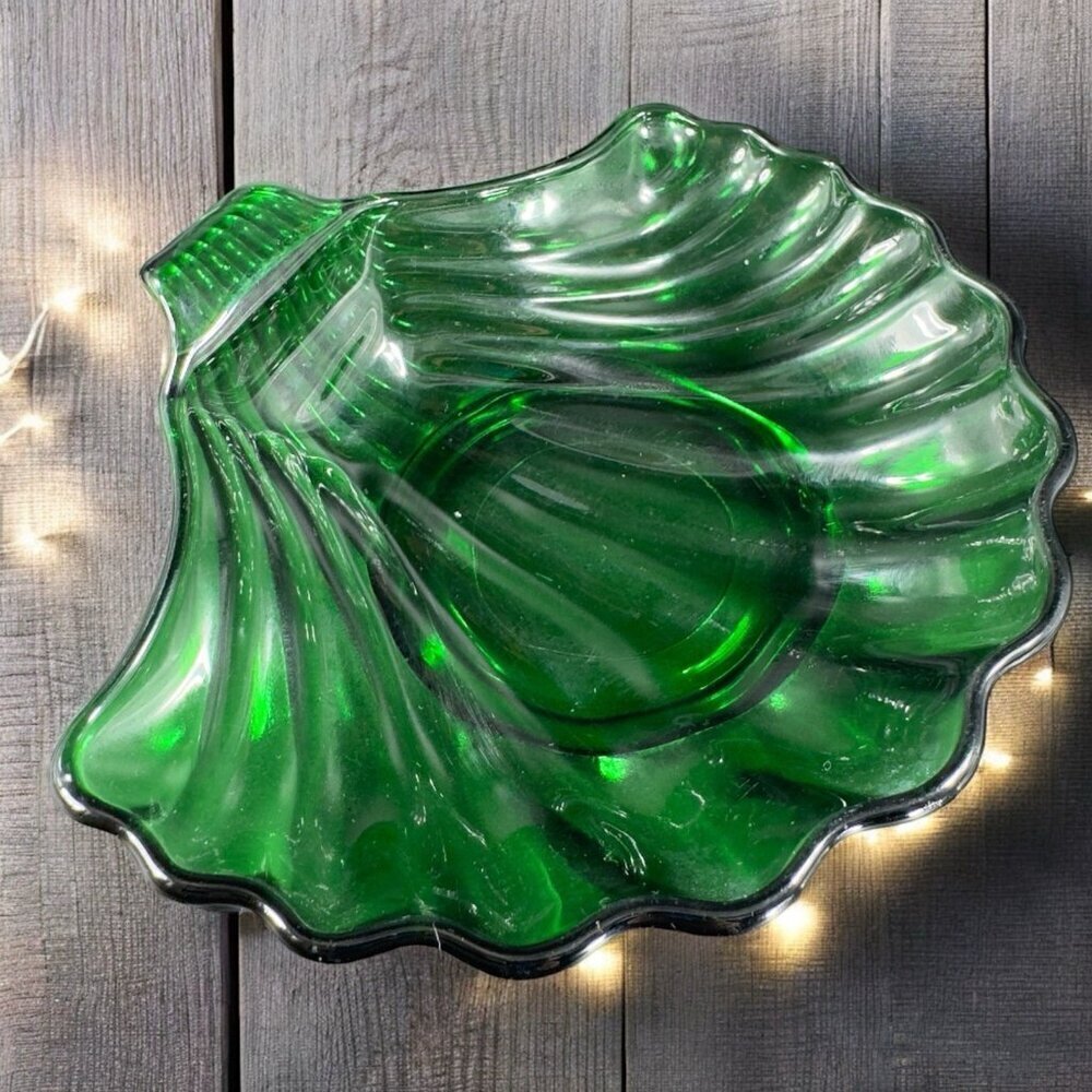 Anchor Hocking‎ Shell Shaped Dish Bowl Dark Green Trinket Dish Holder Vintage